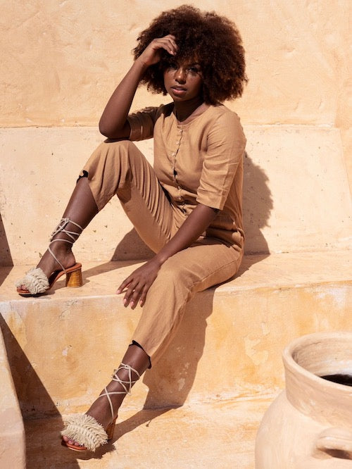 Canasto Lace Up Mid Heel Beige