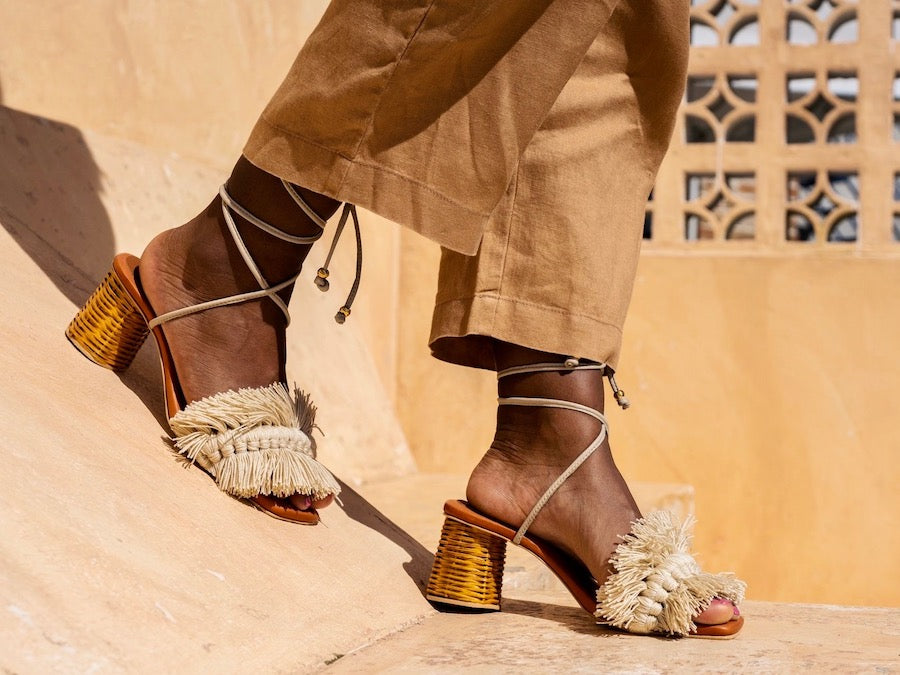 Canasto Lace Up Mid Heel Beige